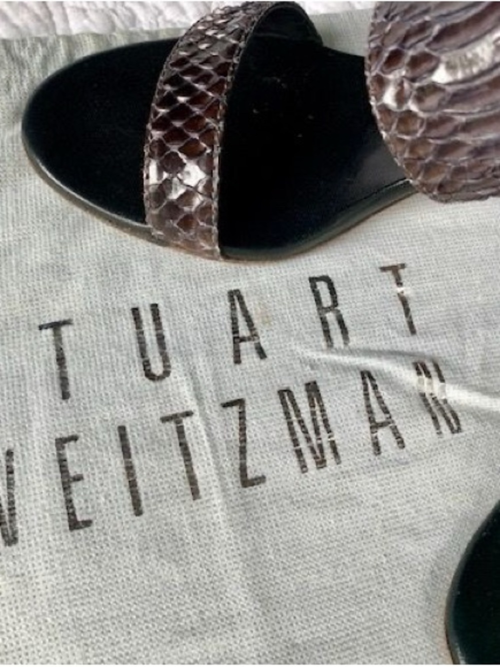 Stuart Weitzman Black/Brown Snakeskin Leather Slide Heels